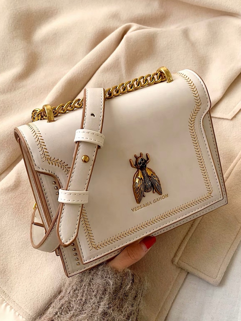 Cream Leather Crossbody with Gold Beetle Accent